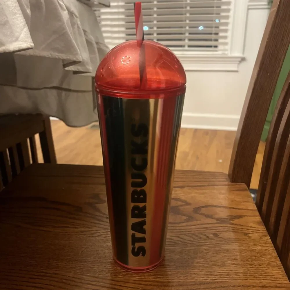 Starbucks 2024 Metallic Red Green Gold Stripe Dome Cup Limited Edition‎ w/straw
